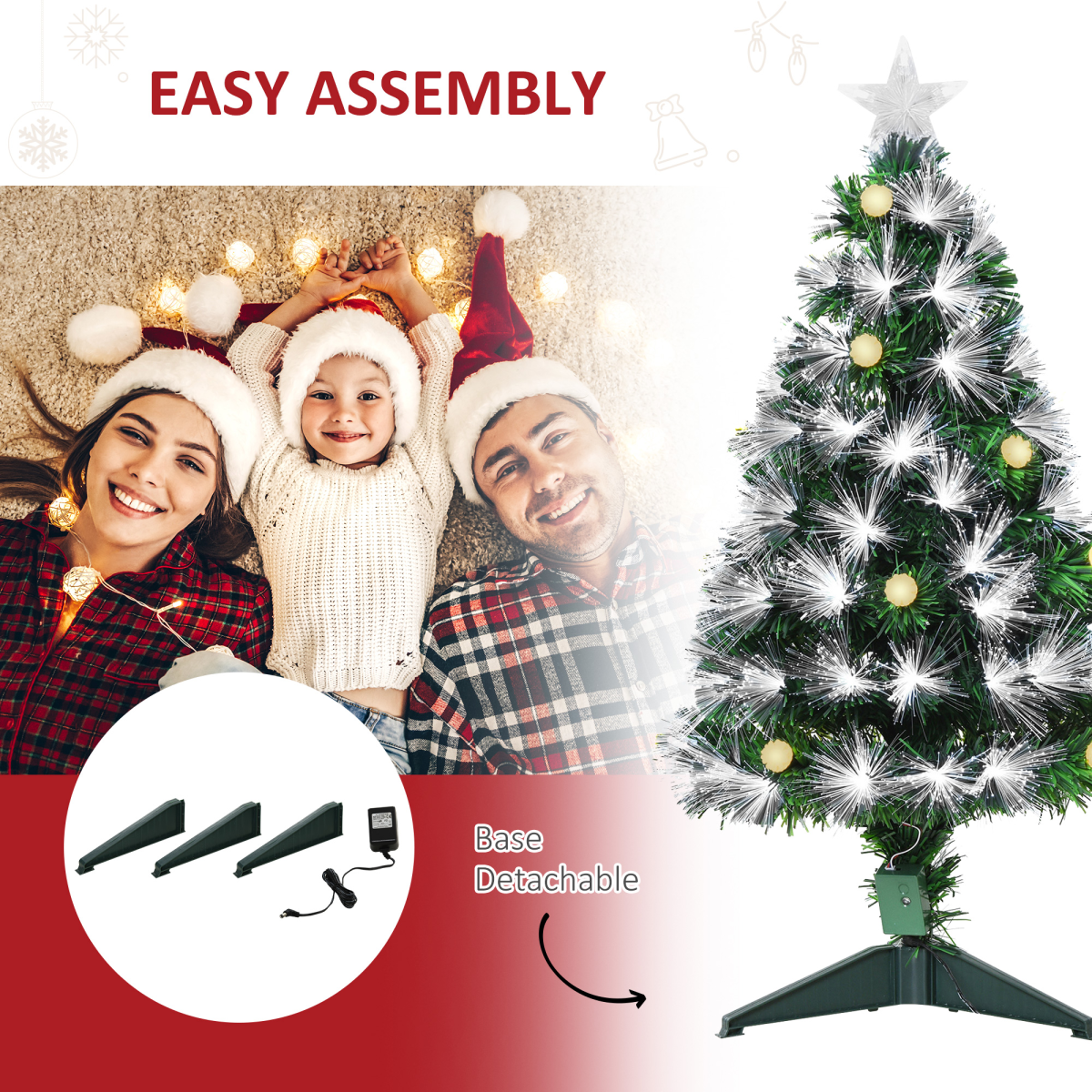HOMCOM 3ft White Light Christmas Tree with 90 LEDs, Star Topper and Tri-Base – Pre-Lit Home Decoration