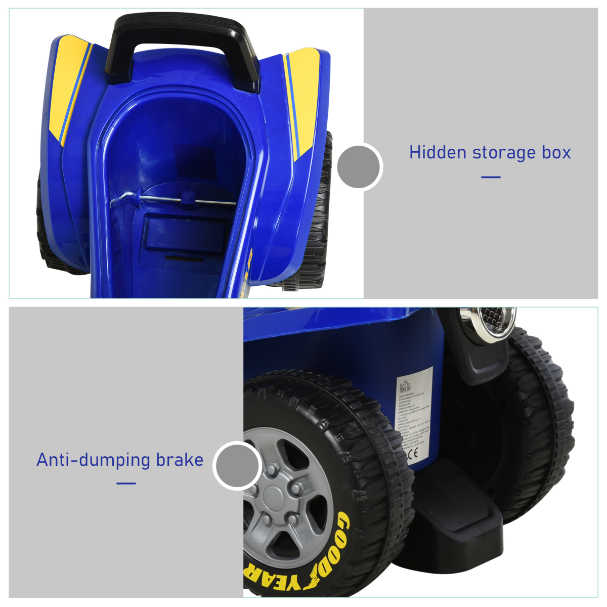HOMCOM Goodyear Baby Quad Ride-On Walker with Lights, Horn & Storage – Sliding Toy for 18-36 Months, Blue and Yellow