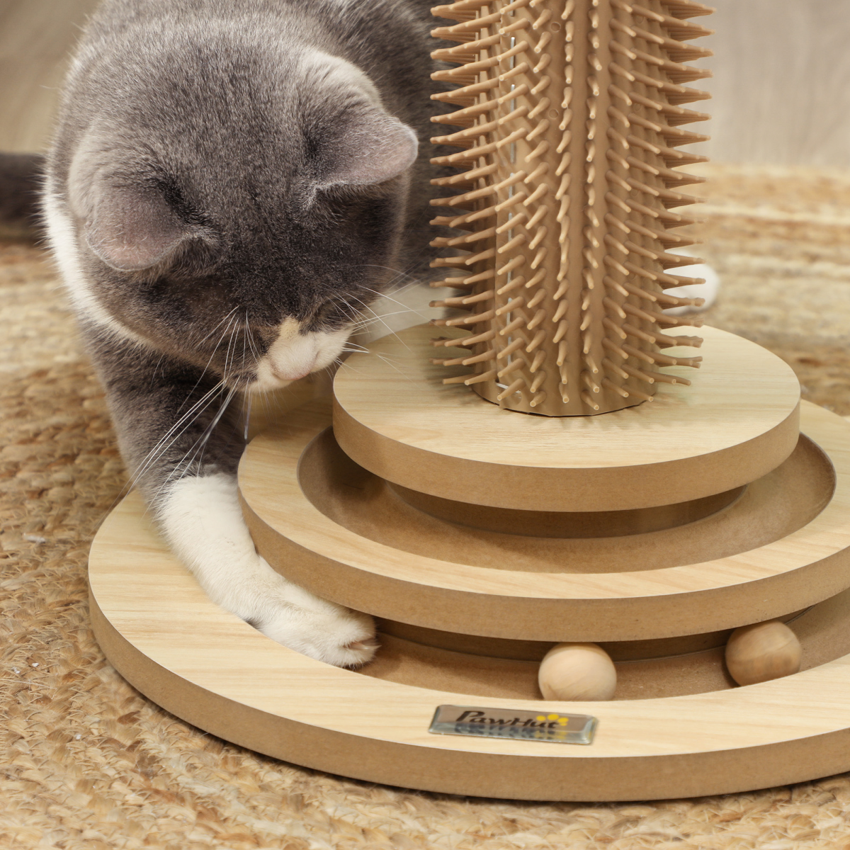 PawHut 49cm 5-in-1 Cat Scratching Post with Interactive Track Ball Turntable – Indoor Cat Tower, Oak & Cream White