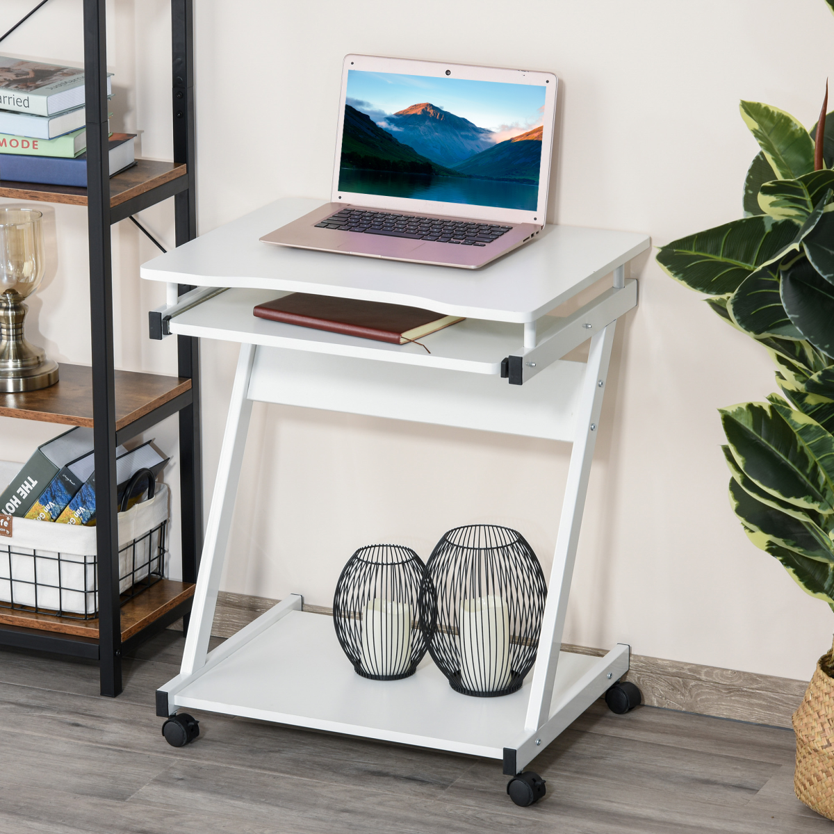 HOMCOM Computer Desk with 4 Lockable Wheels and Sliding Keyboard Tray – Mobile Home Office Workstation, White