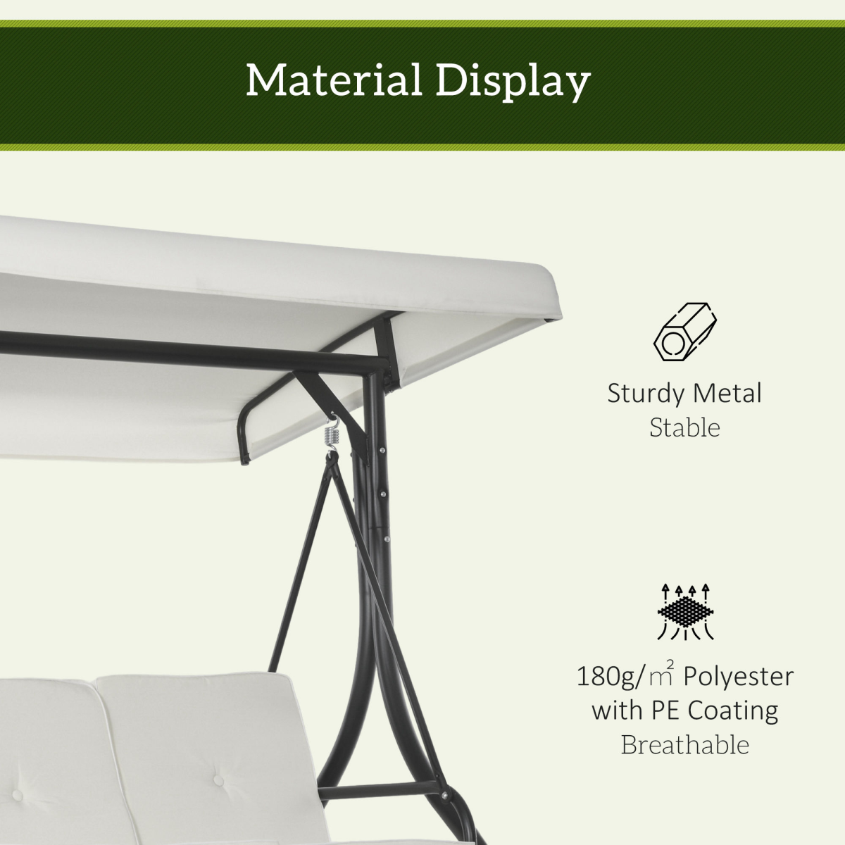 Outsunny 3-Seater Canopy Swing Chair with Padded Cushions – Garden Hammock Bench, Adjustable Canopy, Cream White
