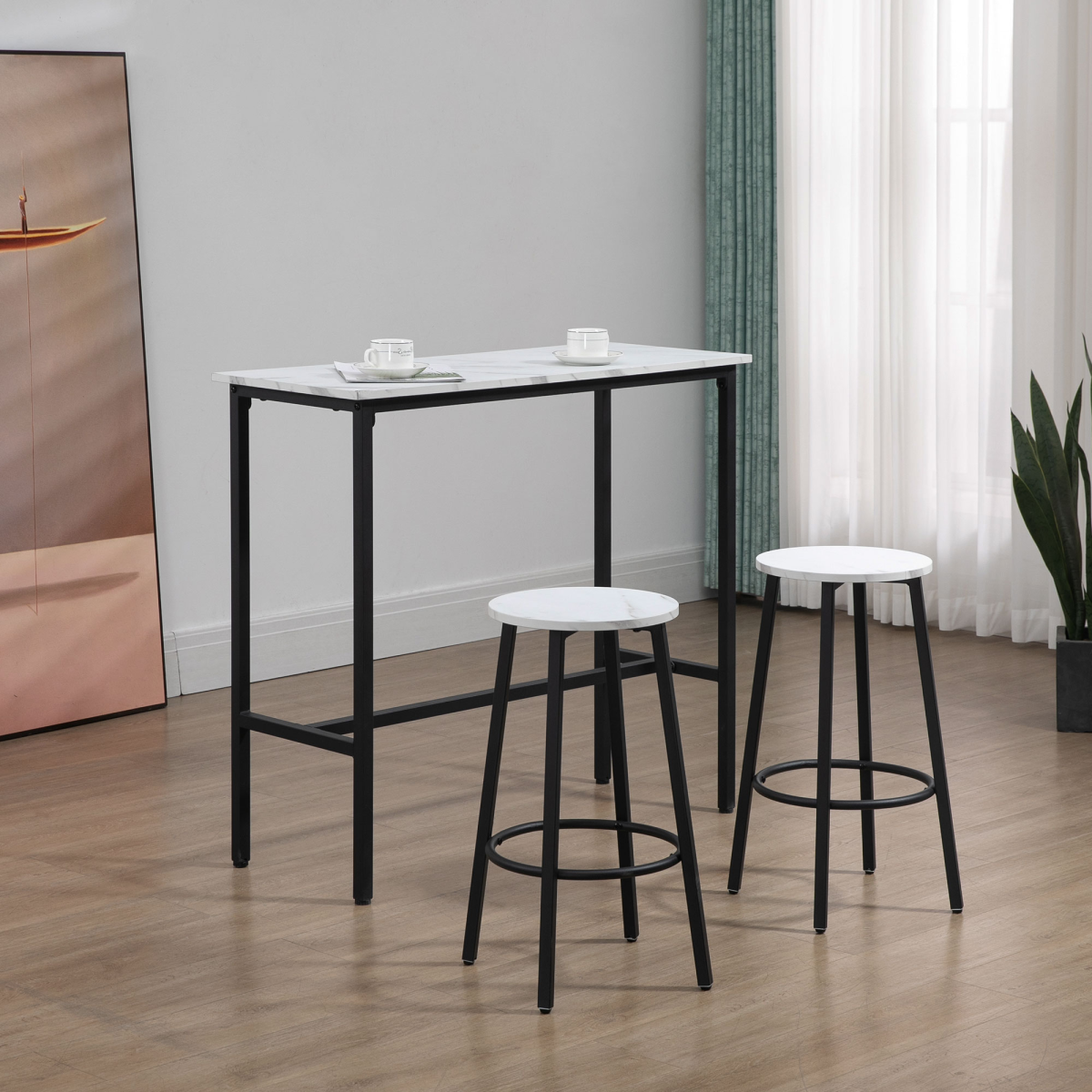 HOMCOM 3 Piece Bar Table Set for 2 with Stools & Footrests, Steel Frame – Kitchen Breakfast Bar Set, White