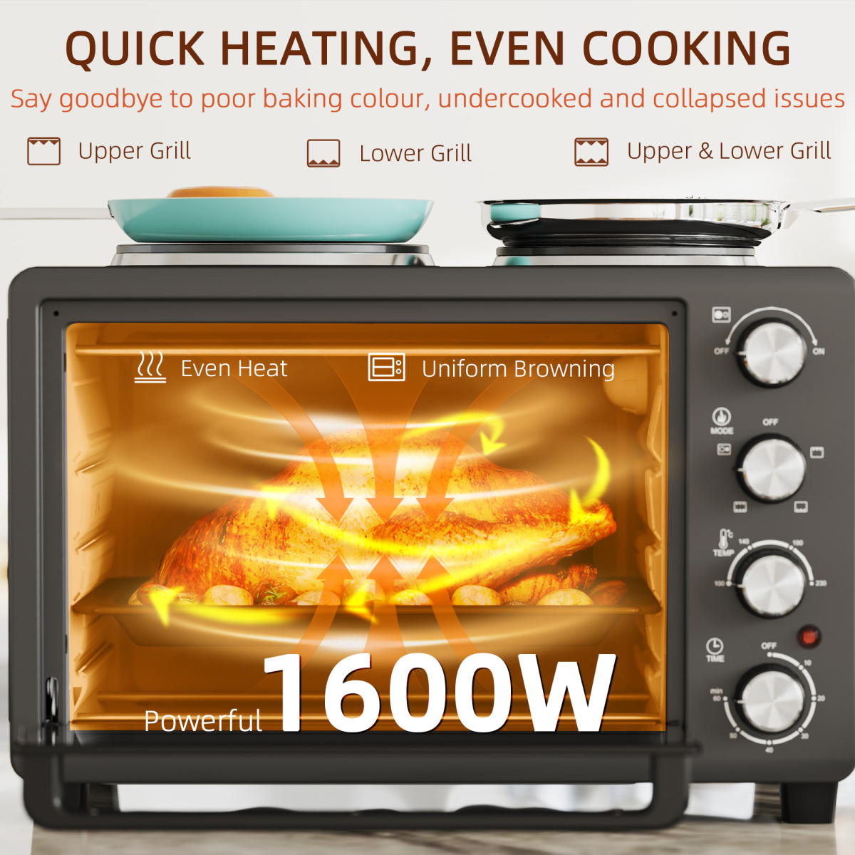 HOMCOM 28L Countertop Toaster Oven with 2 Hot Plates – Grill, Roast & Bake, 2600W