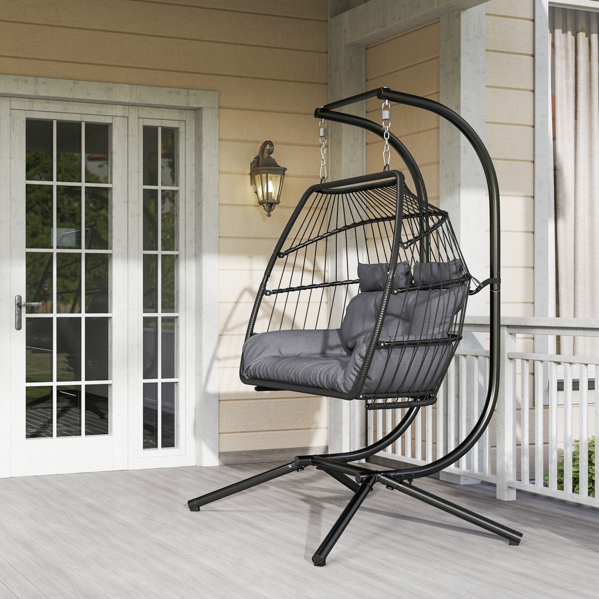 Outsunny Rattan Double Hanging Egg Chair with Stand and Cushion – Foldable Garden Swing Seat, Dark Grey