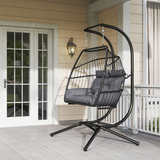 Outsunny Rattan Double Hanging Egg Chair with Stand and Cushion – Foldable Garden Swing Seat, Dark Grey