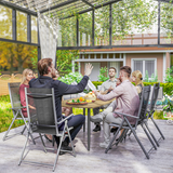 Outsunny Garden Dining Table for 6 with Parasol Hole, Slatted Steel Top, 150 x 90 cm – Outdoor Table, Brown