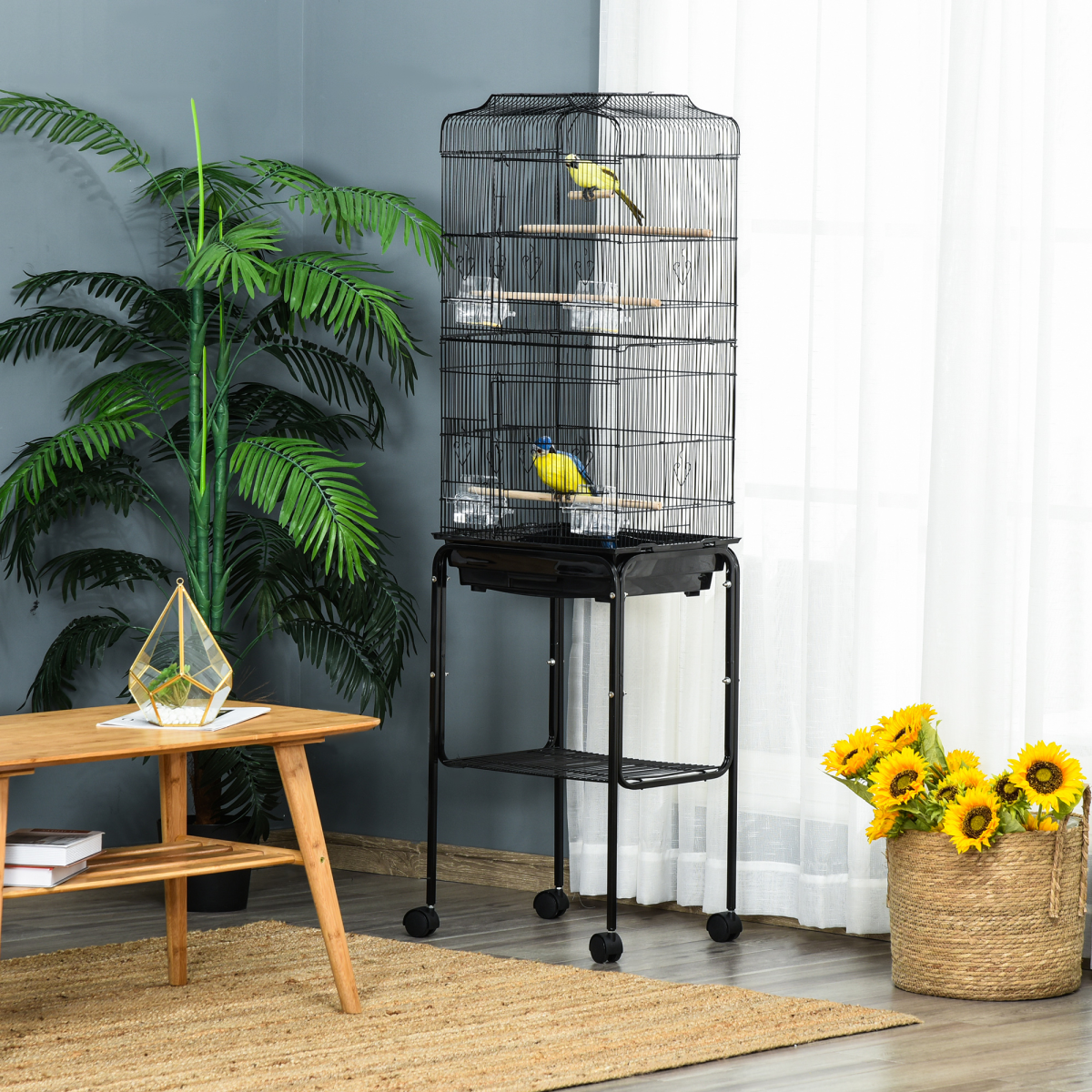 Pawhut Metal Budgie Bird Cage with Rolling Stand, Slide-out Tray and Storage Basket – Small Bird Cage, Black