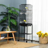 Pawhut Metal Budgie Bird Cage with Rolling Stand, Slide-out Tray and Storage Basket – Small Bird Cage, Black