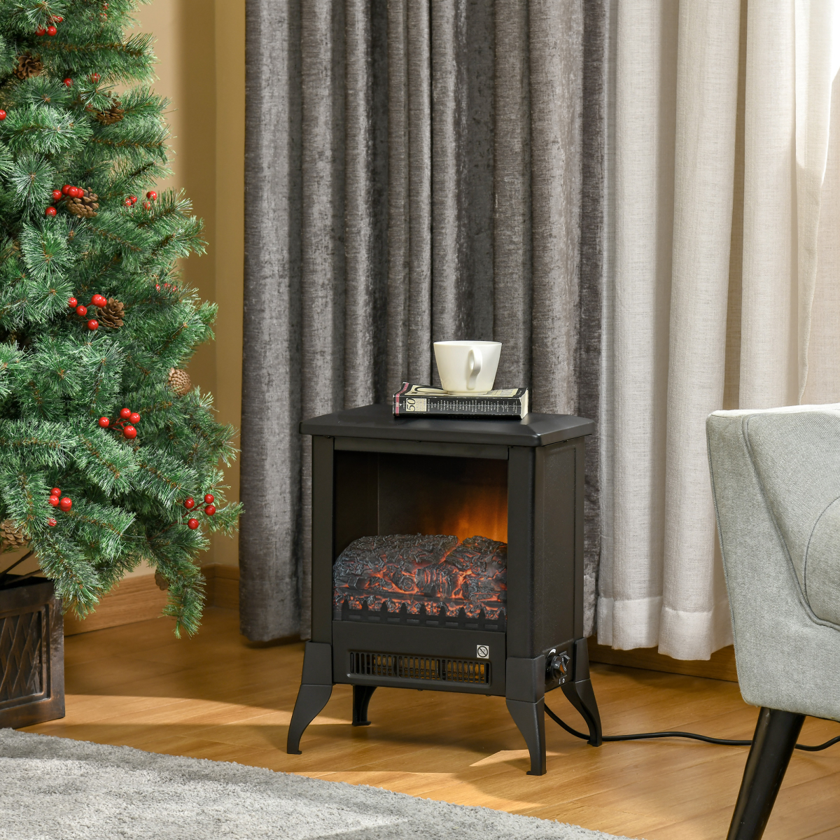 HOMCOM Freestanding Electric Fireplace Stove with Adjustable Temperature – Glass Front, Overheat Protection
