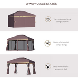 Outsunny Aluminium Frame Garden Gazebo with Side Curtains & Mesh Nets – Shade and Insect Protection, Coffee