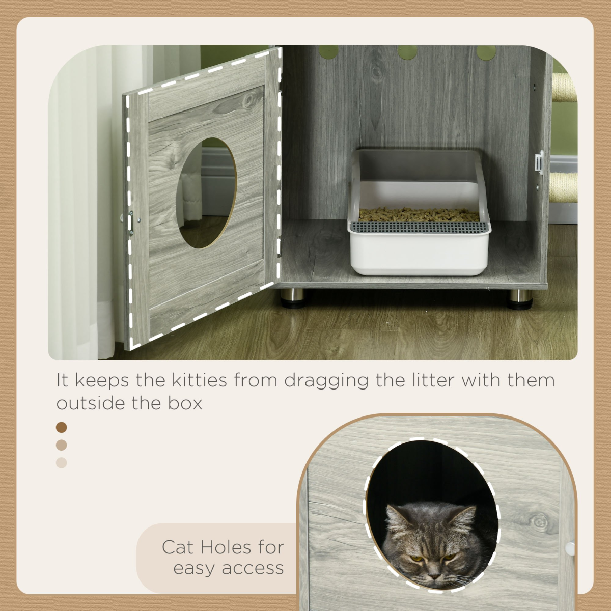 PawHut Cat Litter Box Enclosure with Cat House, Bed, Scratching Posts and Platform – 2-in-1 Cat Tree, Grey