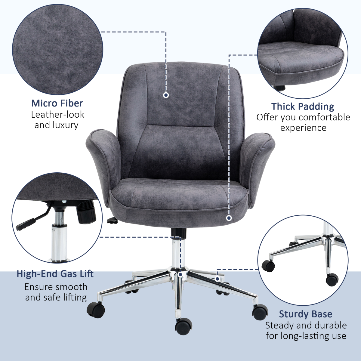 Vinsetto Retro Mid-Back Office Chair with Curved Armrests, Microfibre Leather – Swivel Desk Chair, Deep Grey