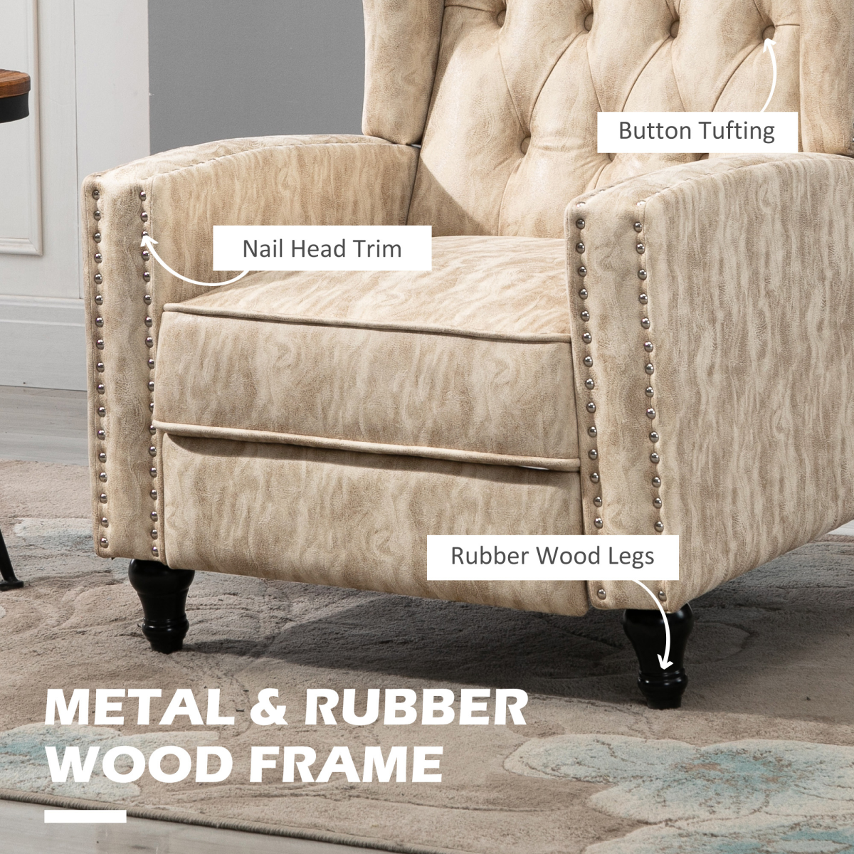 HOMCOM Marble-Effect Manual Reclining Armchair with Footrest & Decorative Studs – Living Room Recliner, Beige