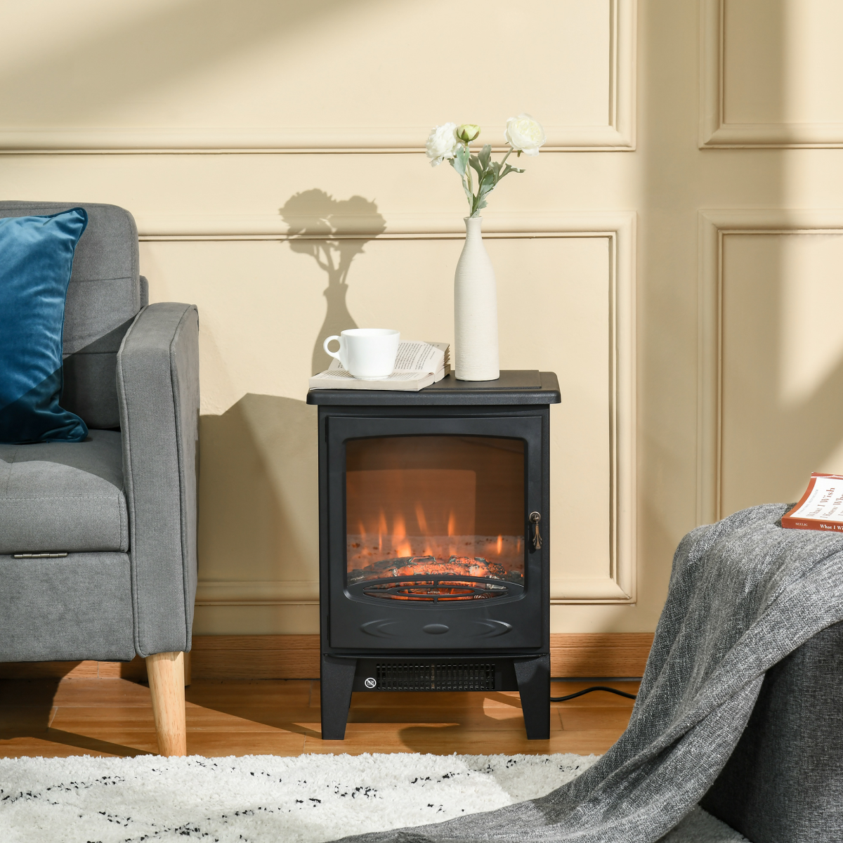 HOMCOM Freestanding Electric Fireplace Stove with Flame Effect, 900W/1800W – Glass Front, Overheat Protection
