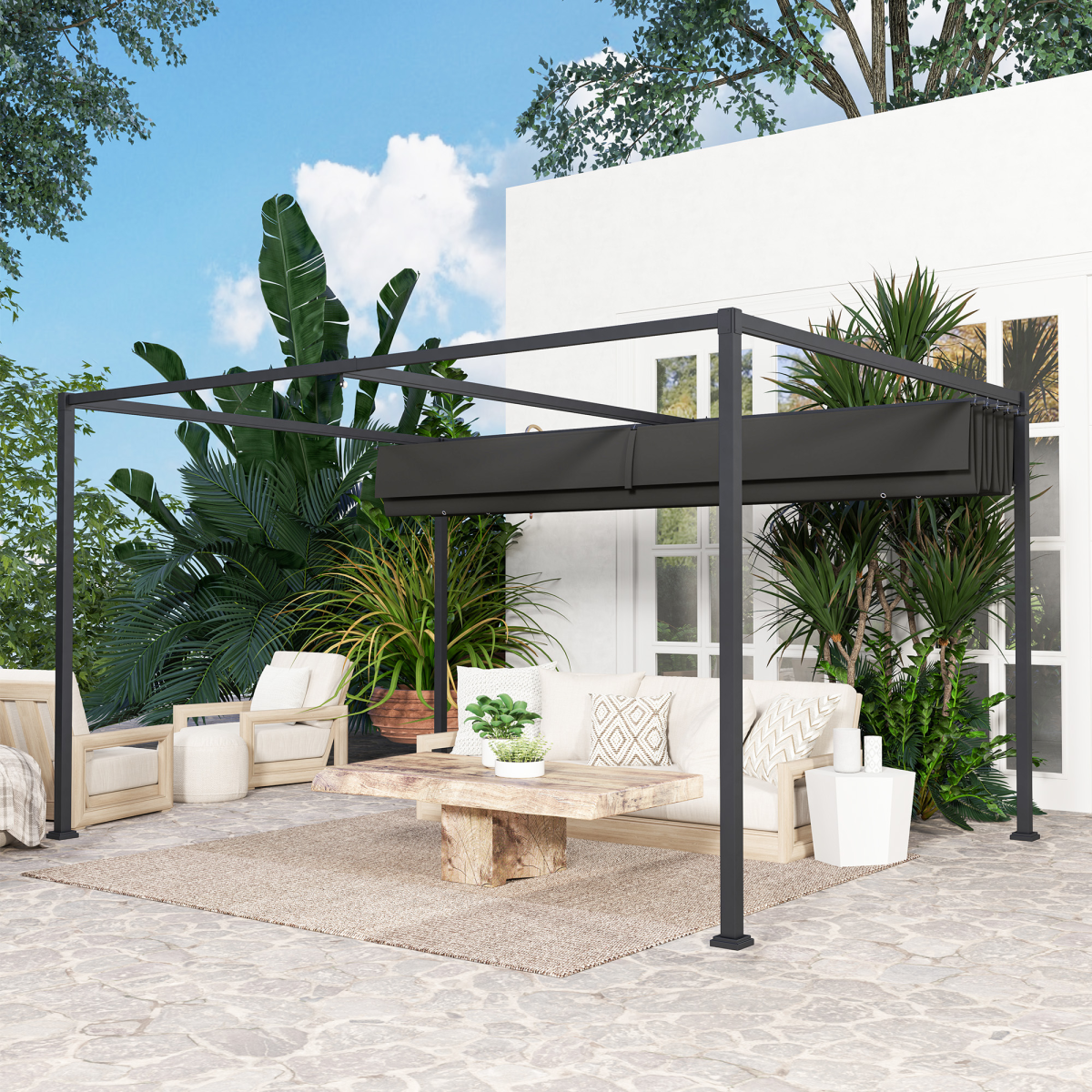 Outsunny 4 x 3m Metal Pergola Gazebo with Retractable Canopy – Patio Sun Shelter, Black