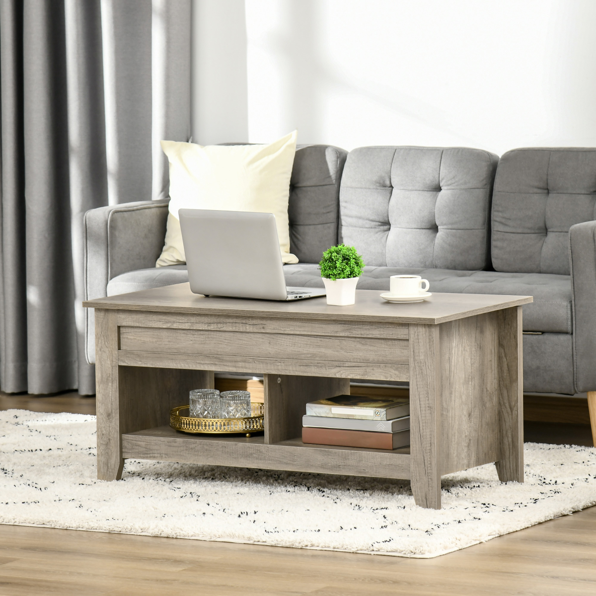 HOMCOM Lift-Top Coffee Table with Hidden Storage & Open Shelves – Sofa Dining and Laptop Table, Oak