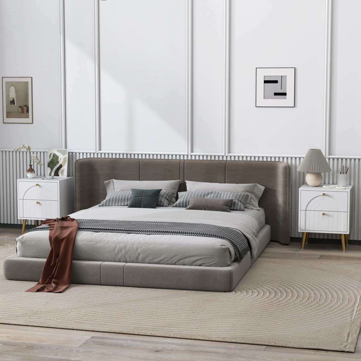 HOMCOM Set of 2 Bedside Tables with 2 Drawers – Arched Embossed Design with Gold Tone Pulls, White