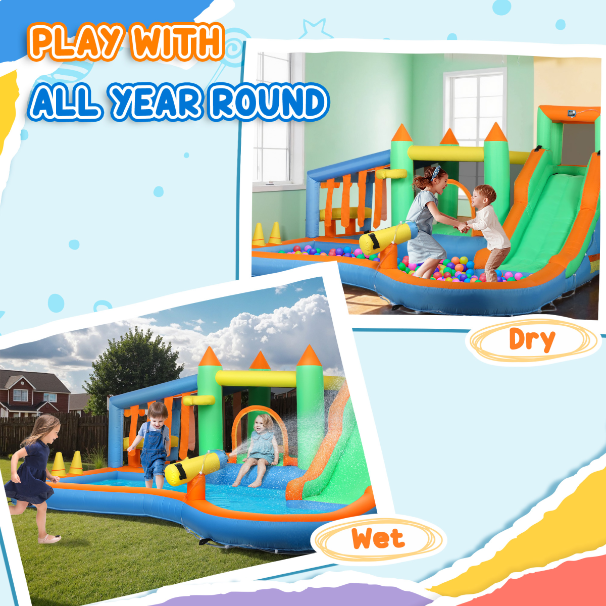 AIYAPLAY Bouncy Castle with Ball Pit, Slide, Splash Pool & 680W Blower – Garden Inflatable for Up to 4 Kids