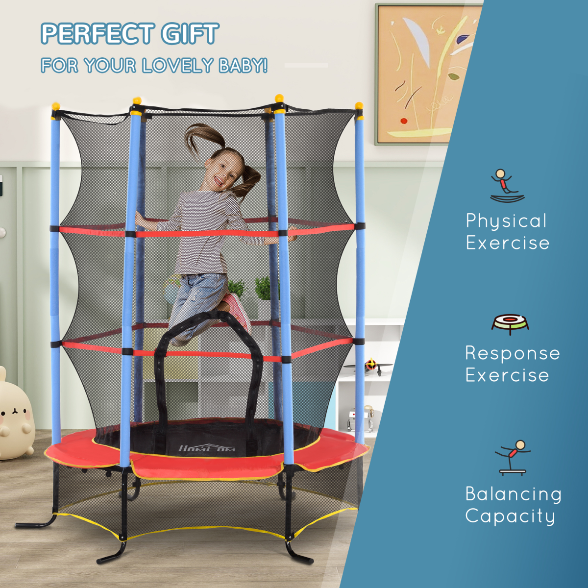 HOMCOM Kids Trampoline with Enclosure Net and Zipped Door – Bungee Design, Indoor Outdoor, Ages 3-10