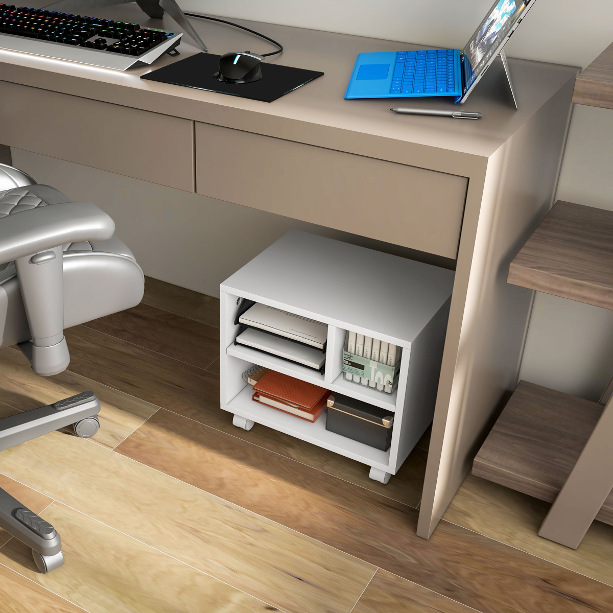 HOMCOM Printer Stand with 3 Compartments and Lockable Wheels – Home Office Storage Cart, 40kg Capacity, White