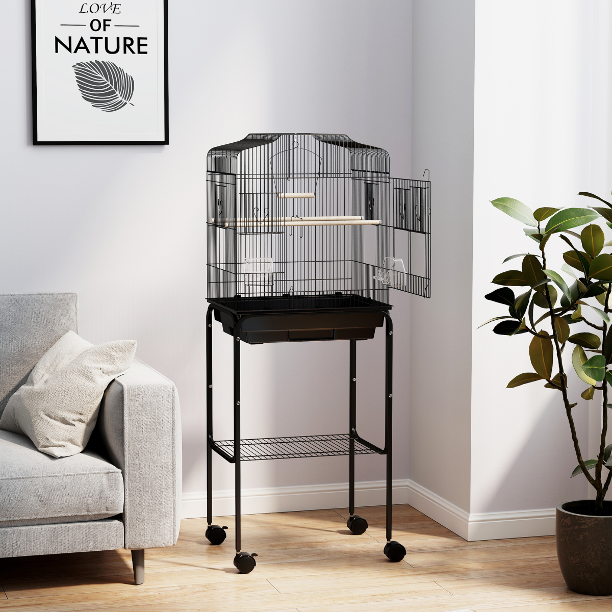 PawHut Bird Cage for Budgies, Finches, Canaries & Parakeets with Stand, Wheels & Slide-Out Tray – Black