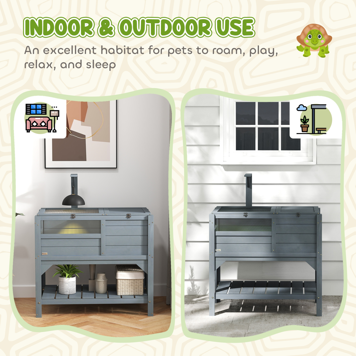 PawHut Wooden Tortoise House with Run, Shelter, Bottom Shelf & Lamp Holder – Habitat, Grey