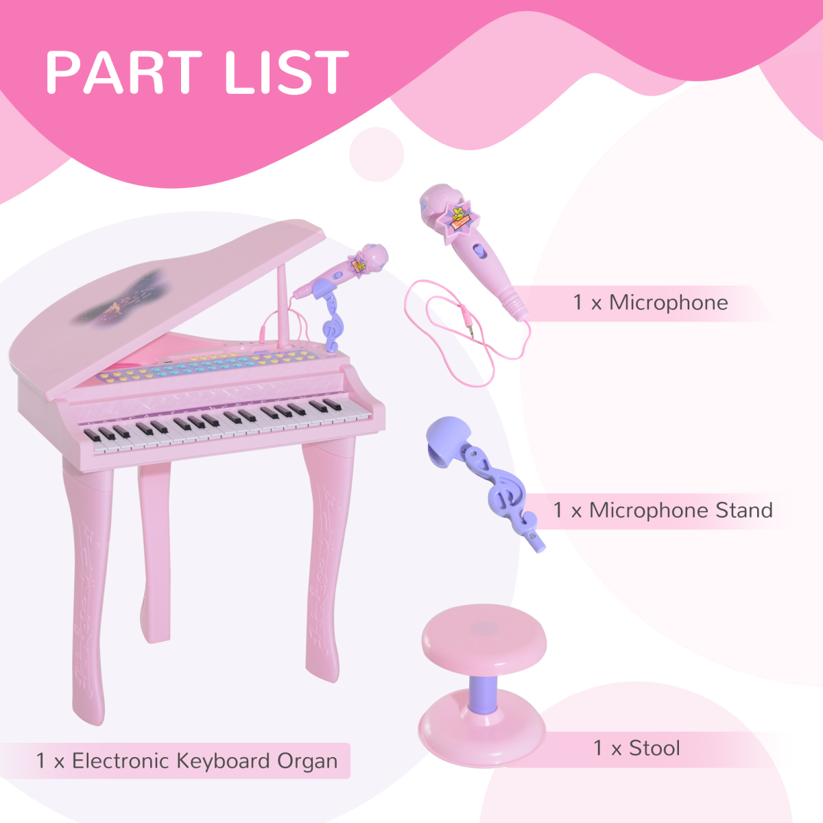 HOMCOM 37 Key Kids Electronic Mini Piano with Microphone & Stool – Musical Toy for Ages 3-6, Pink