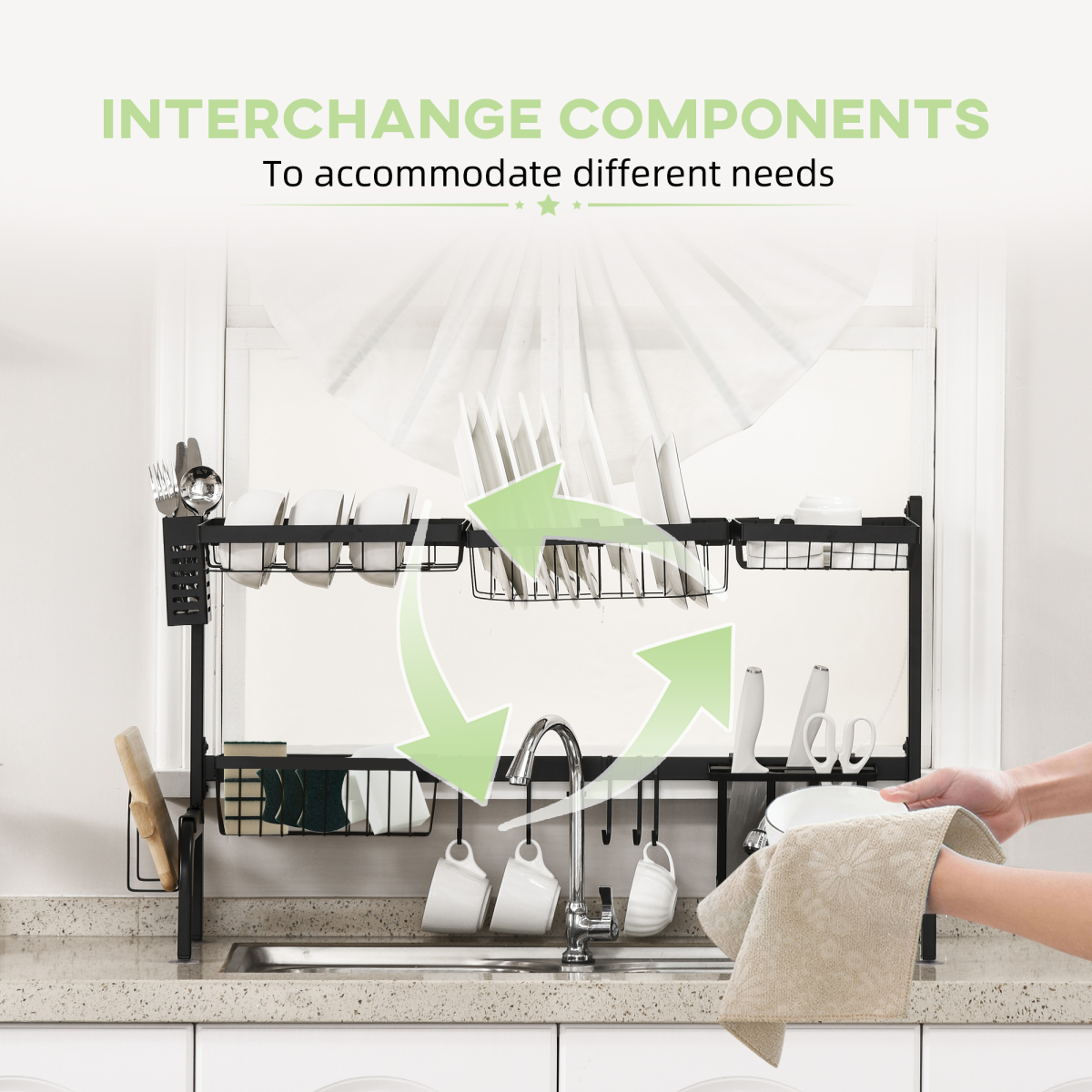 2-Tier Over the Sink Dish Drying Rack with Adjustable Width – Space-Saving Drainer with Cutlery Holders
