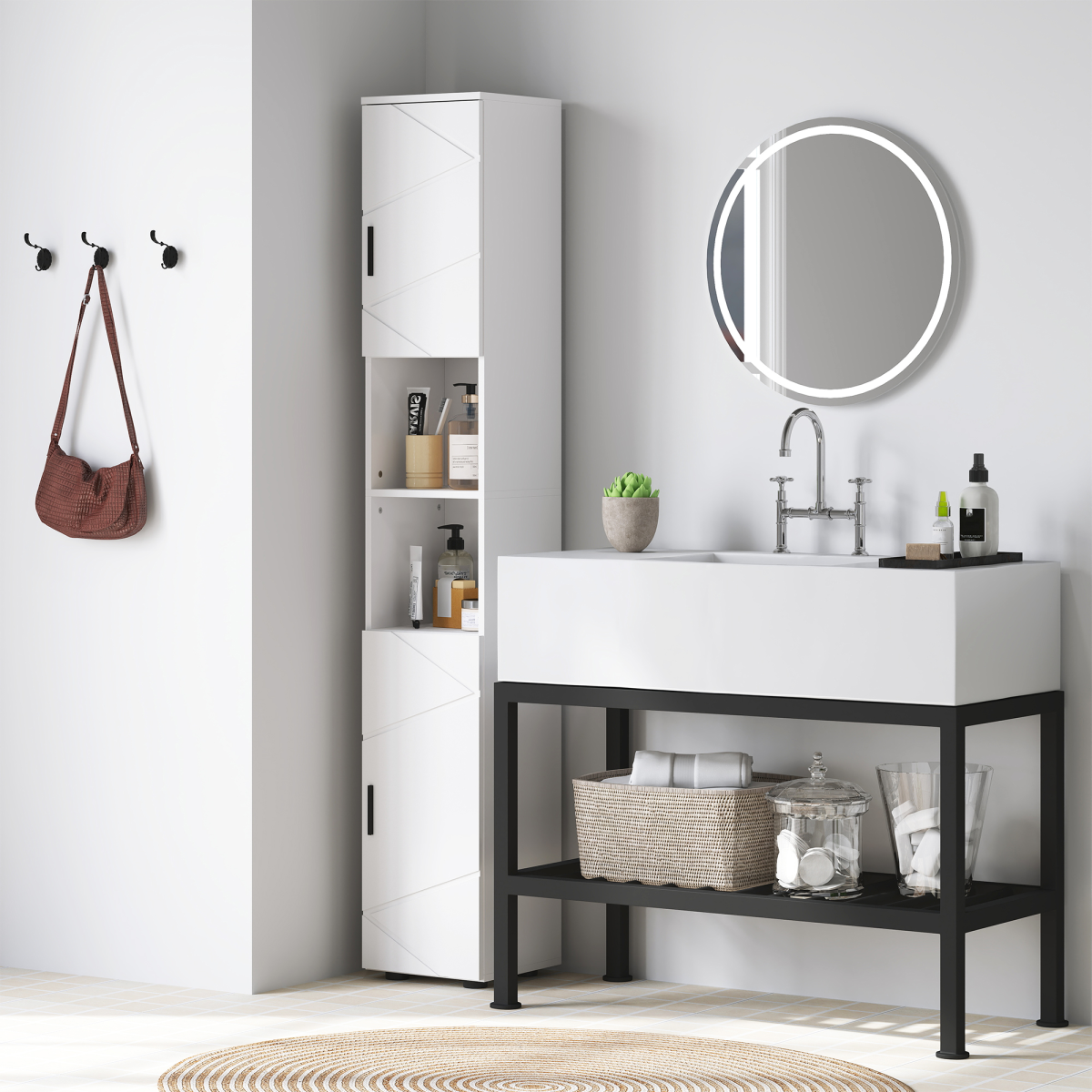 kleankin Tall Slim Bathroom Cabinet with Soft Close Doors & Open Shelves – Freestanding Storage, White