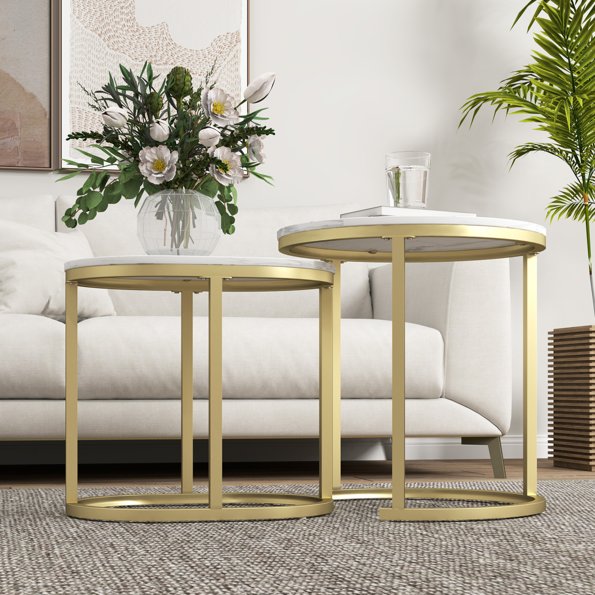 HOMCOM Marble-Effect Side Table Set with Gold Tone Steel Frames – Round & Oblong Accent Tables, White