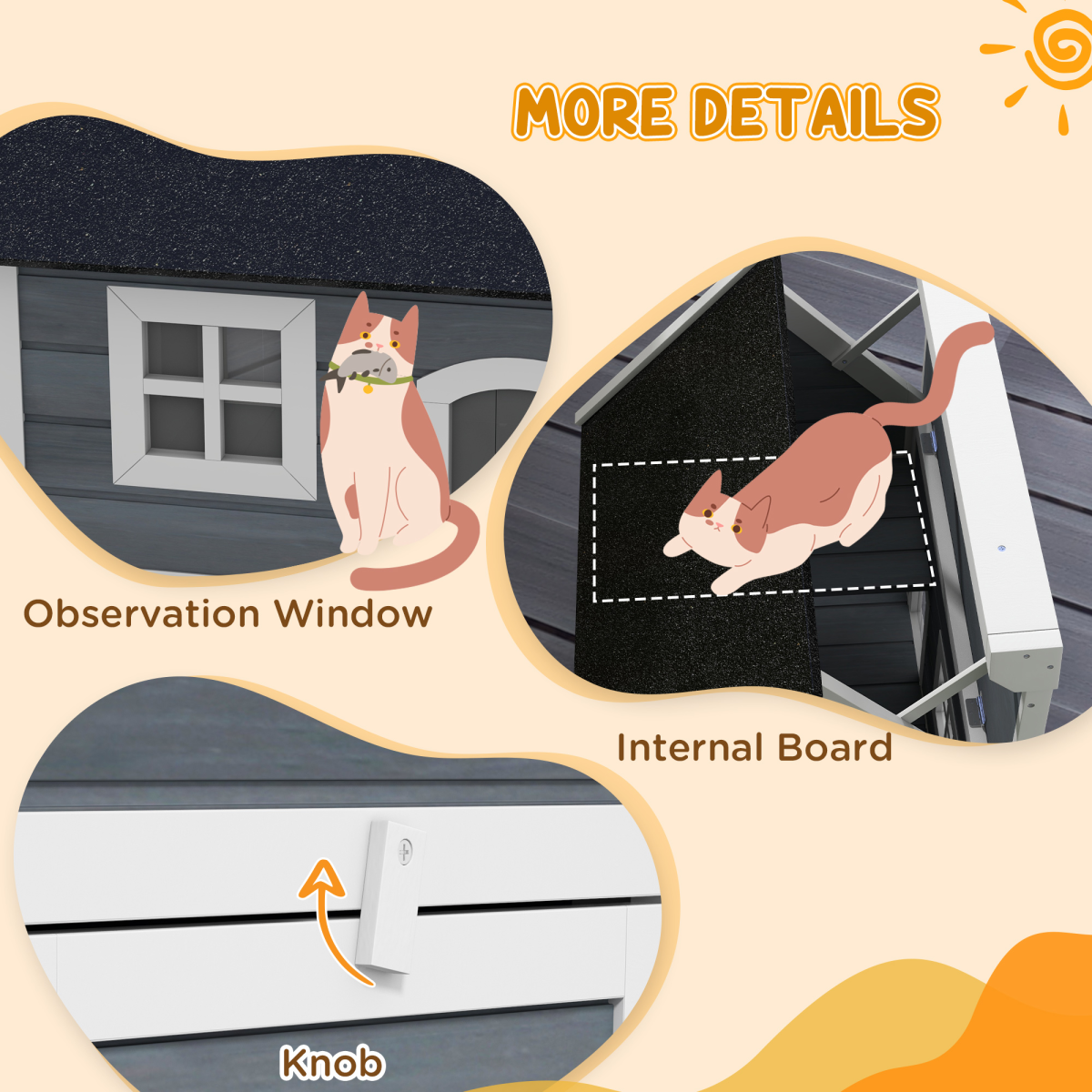 PawHut Outdoor Feral Cat House with Openable Asphalt Roof and Three Doors – Fir Wood Shelter, Grey