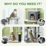 PawHut 132cm Cat Tree for Indoor Cats with Scratching Posts, Cat House, Bed & Anti-Tip Kit – Light Grey