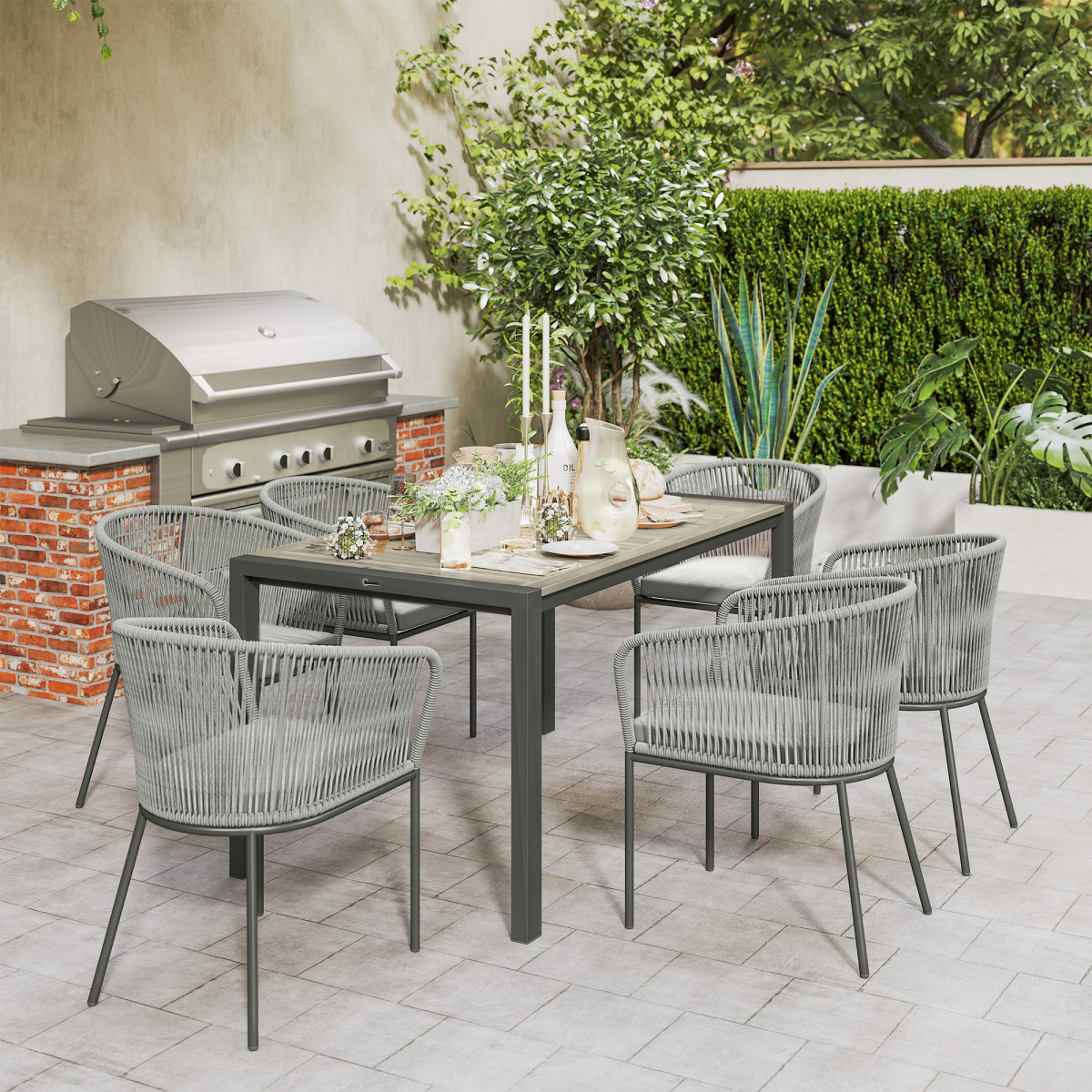 Outsunny 6-Seater PE Rattan Garden Dining Set with Acacia Wood Table & Cushions – Outdoor Furniture, Grey