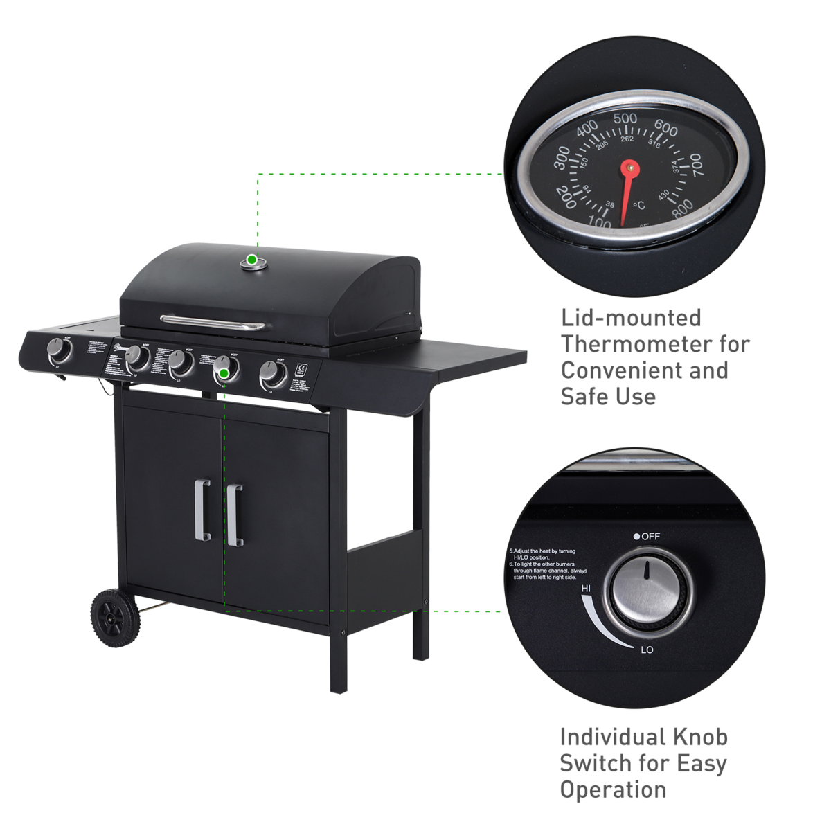 Outsunny 4+1 Burner Gas BBQ Grill with Side Burner, Thermometer & Storage Cupboard – Wheeled Steel Barbecue, Black