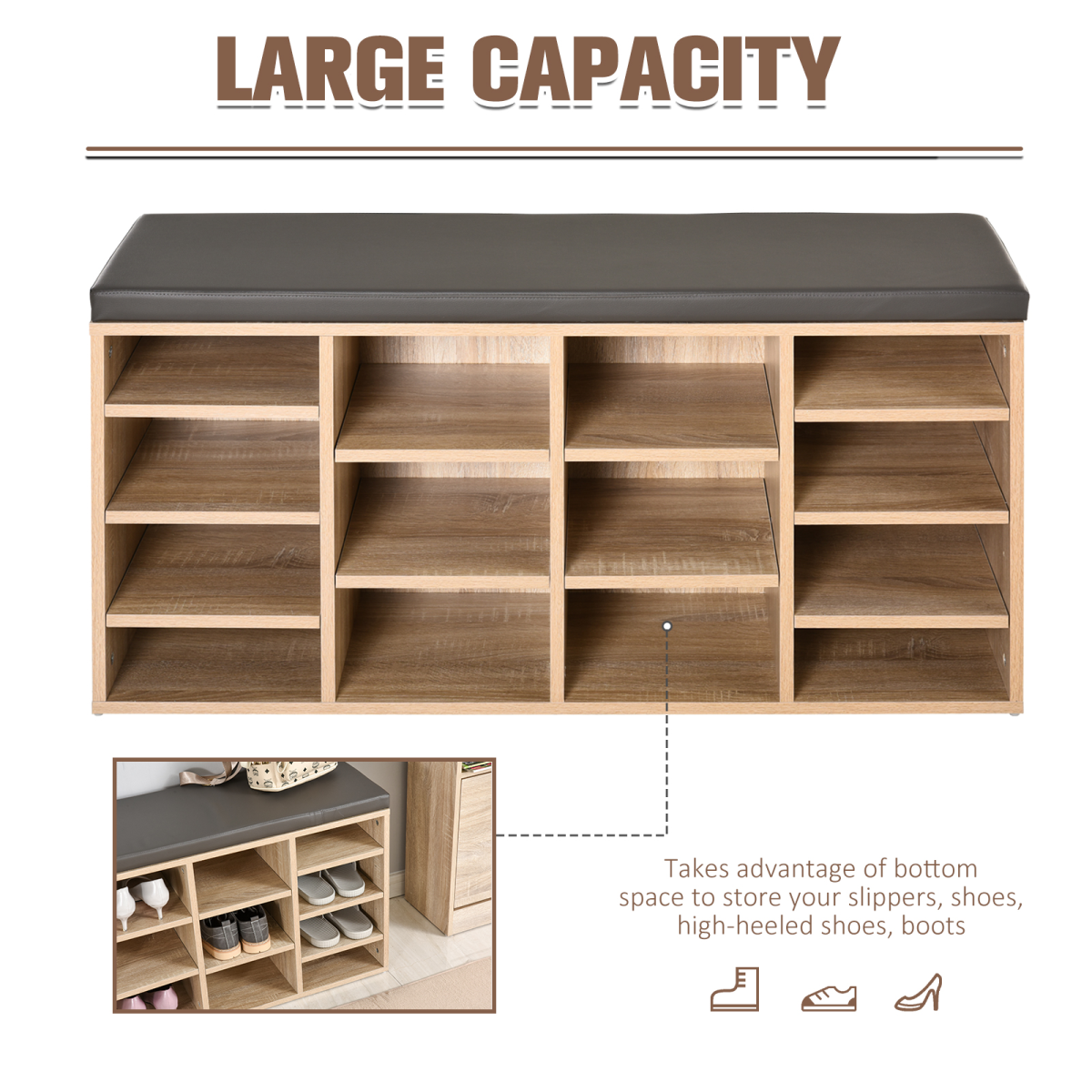 14-Compartment Shoe Rack Bench with Cushion & Adjustable Shelves – Hallway Shoe Storage Seat, Brown