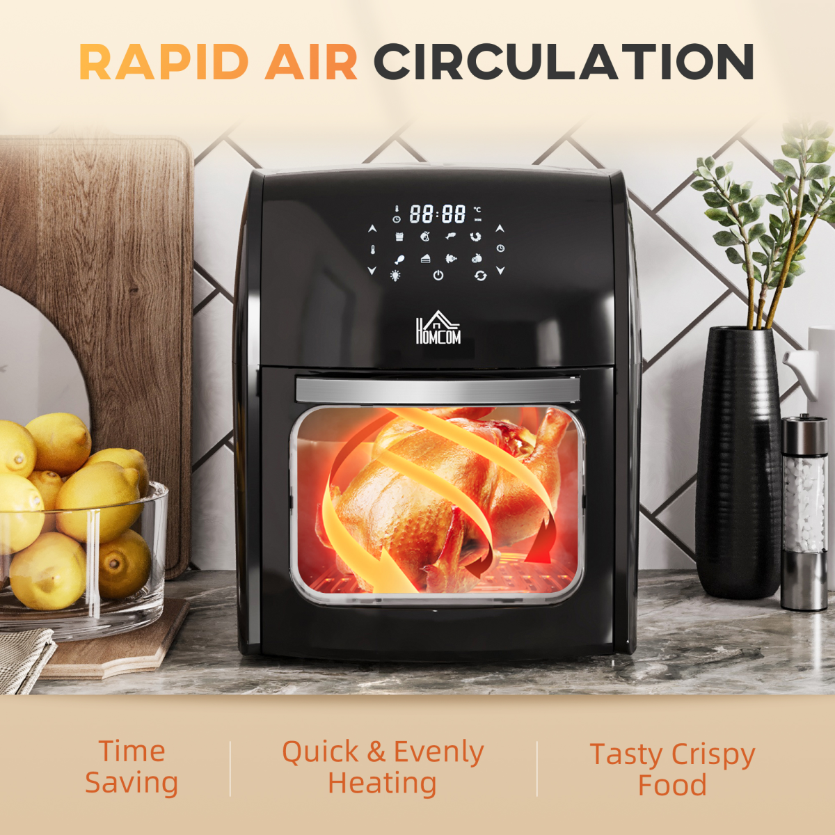HOMCOM 12L Air Fryer Oven with 8 Presets, 1800W – Rotisserie & Dehydrator, Rapid Air Circulation, Black