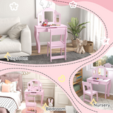 AIYAPLAY Kids Dressing Table Set with Tri-Fold Mirror, Stool and Drawer – Playroom Make Up Vanity, Pink