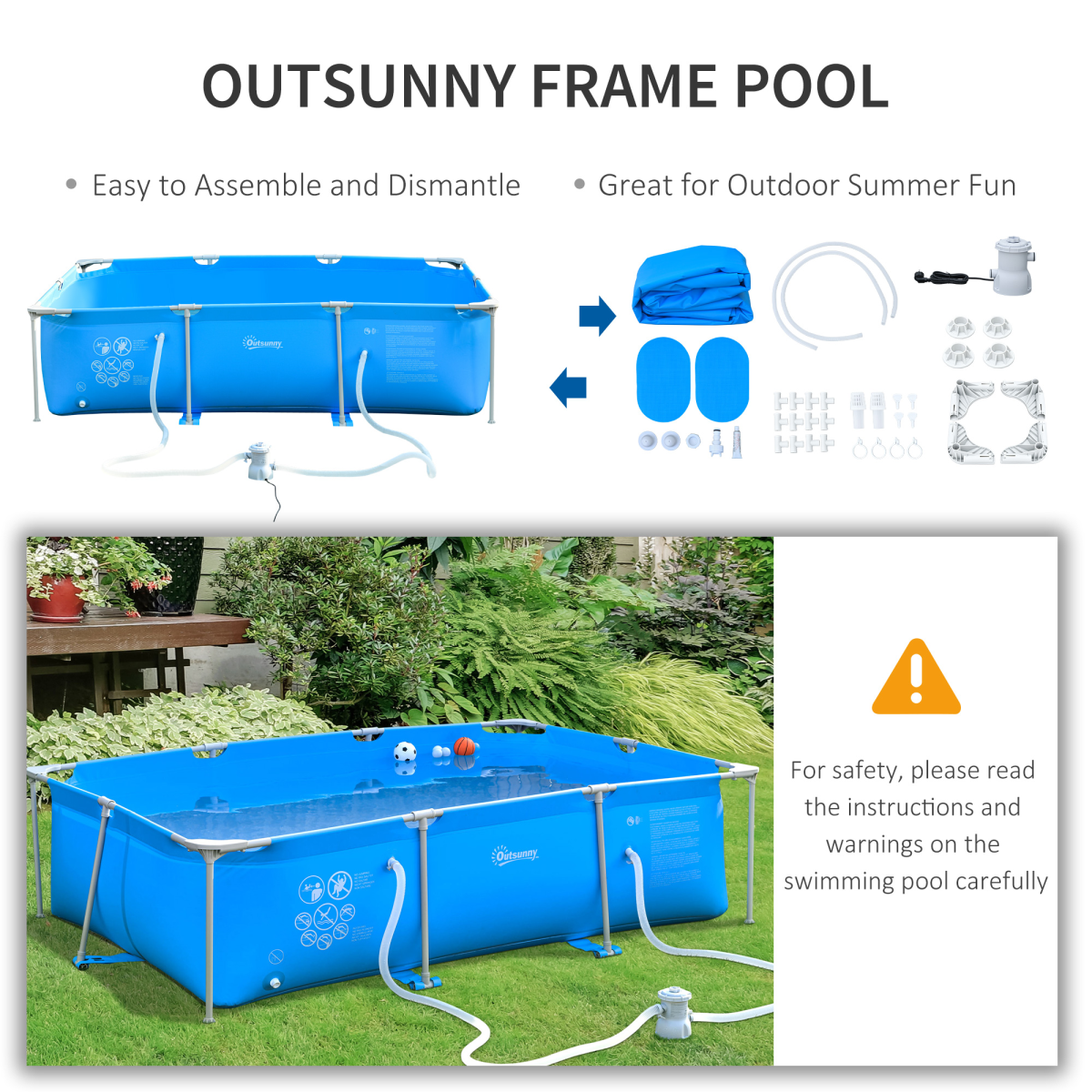 Outsunny Steel Frame Swimming Pool with Filter Pump, 315 x 225 x 75cm – Garden Family Pool, Blue