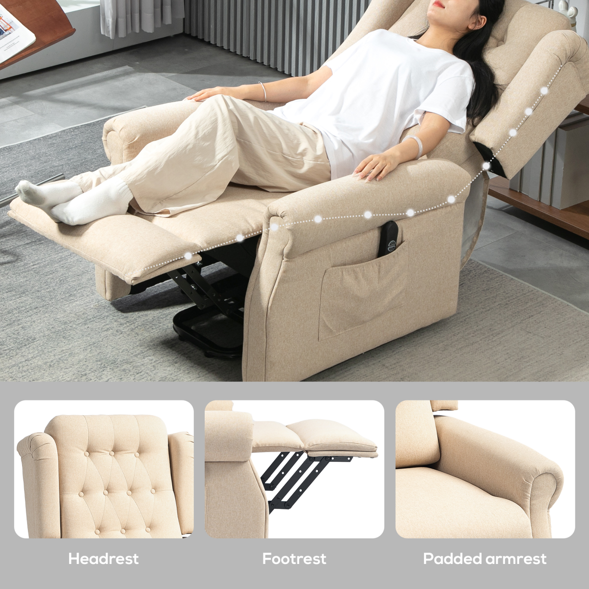 HOMCOM Power Lift Wingback Recliner Armchair, Button Tufted with 150° Recline – Riser Chair, Beige