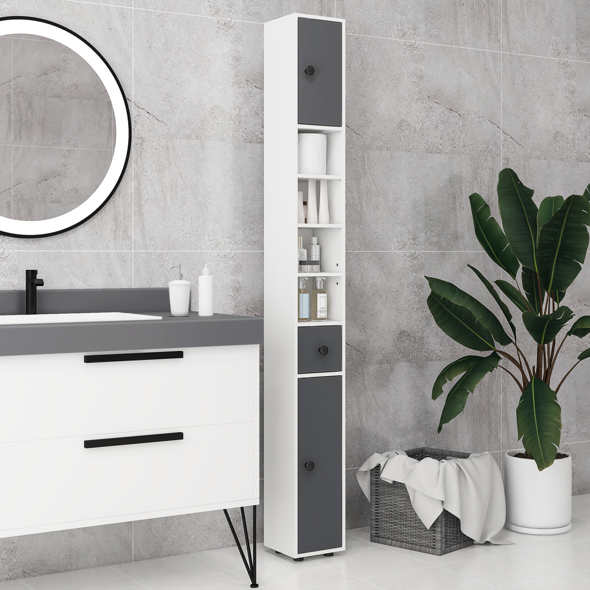 Kleankin Slim Bathroom Cabinet with Drawer, Four Open Shelves & Toilet Roll Storage – Floor Standing Unit, Grey