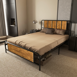 HOMCOM Retro Steel Double Bed Frame with Wood-Effect Headboard & Slatted Base, 145 x 199cm – Brown