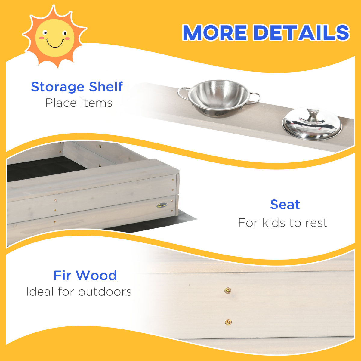 Outsunny Kids Wooden Sandbox with Canopy, Play Kitchen Accessories and Storage Shelf – Outdoor Sandpit