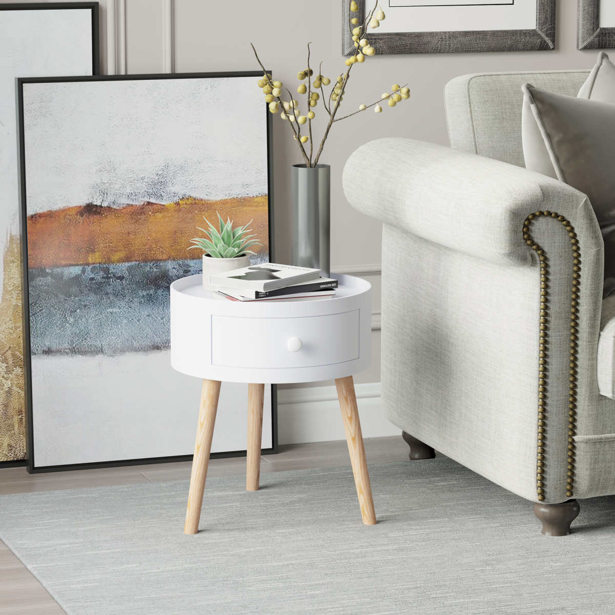 HOMCOM Round Coffee Table with Pull-Out Drawer and Wooden Legs – Living Room & Office Side Table, White