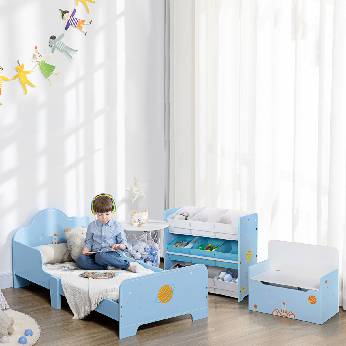 ZONEKIZ Toddler Bed with Space-Themed Rocket and Planet Patterns and Side Rails – Ages 3-6