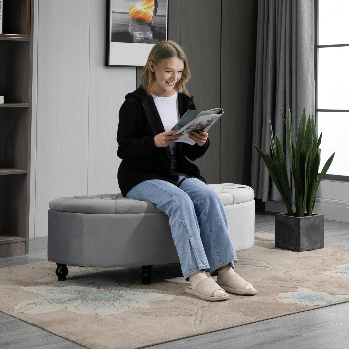 HOMCOM Semi-Circle Tufted Storage Ottoman Bench – Upholstered Footrest with Lift-Up Lid for Living Room