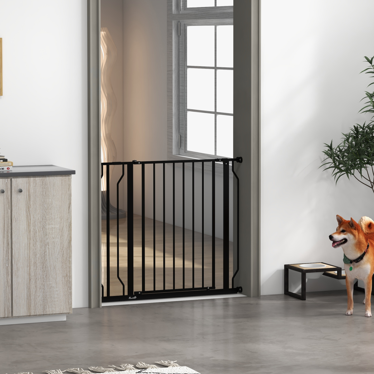 PawHut Wide Pressure-Fit Dog Gate with Door, 75–95cm Adjustable – Stair and Doorway Pet Barrier, Black