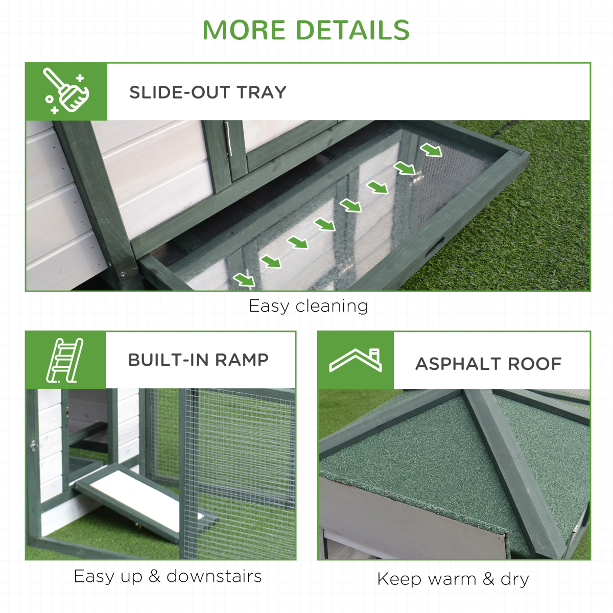 PawHut Wooden Chicken Coop with Nesting Box, Outdoor Run & Removable Tray – Elevated Poultry House, Green