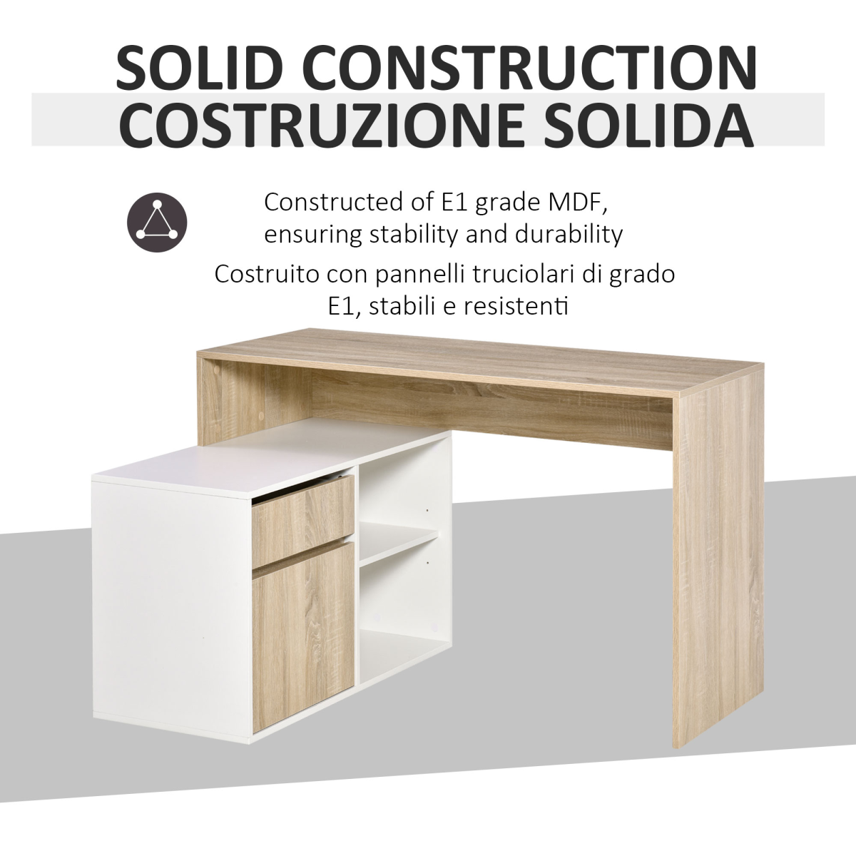 HOMCOM L-Shaped Corner Computer Desk with Cabinet, Drawer and Two Shelves – Home Office, Oak and White