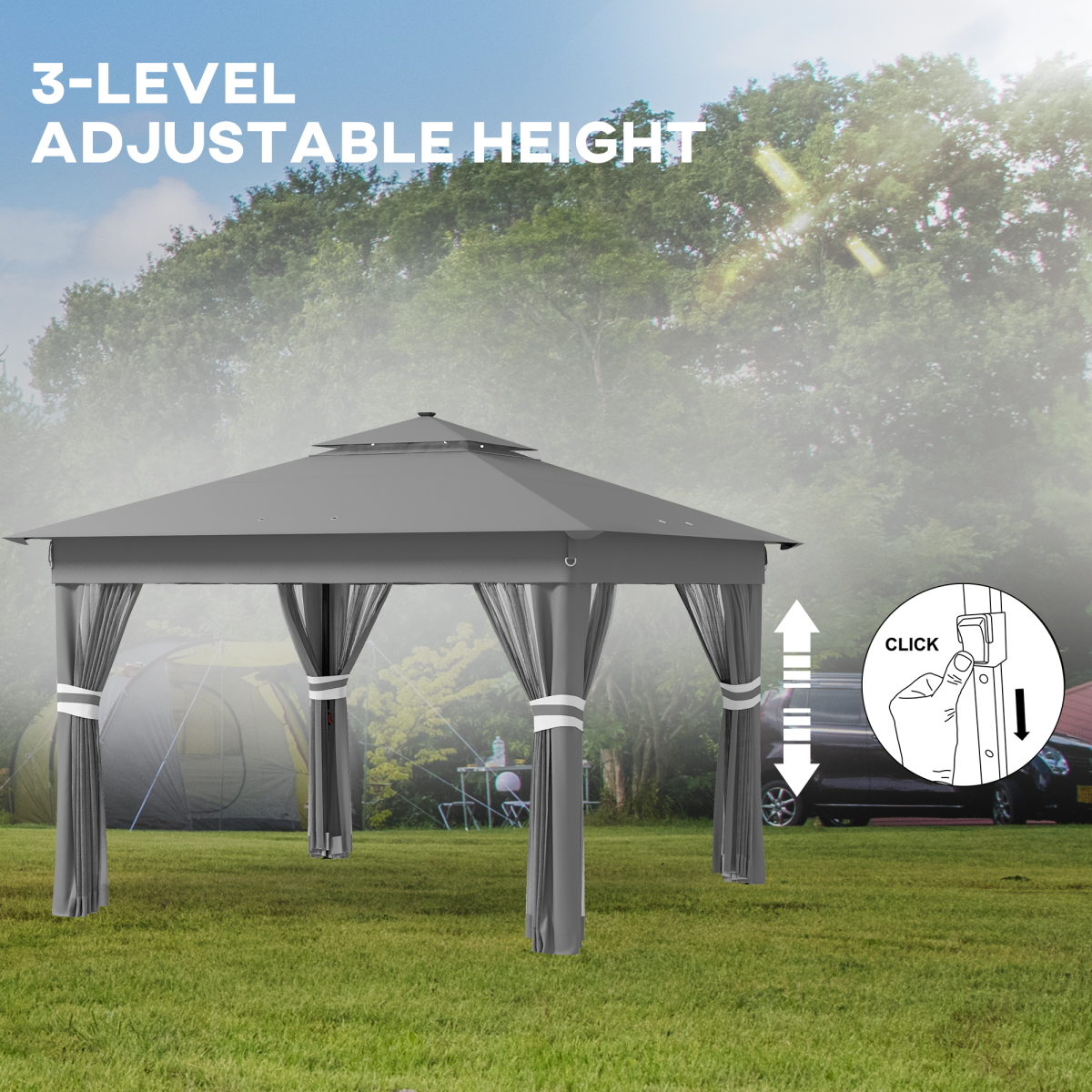 Outsunny 3x3m Pop Up Gazebo with Solar LED Lights, Remote & Mesh Curtains – Garden Shelter, Grey