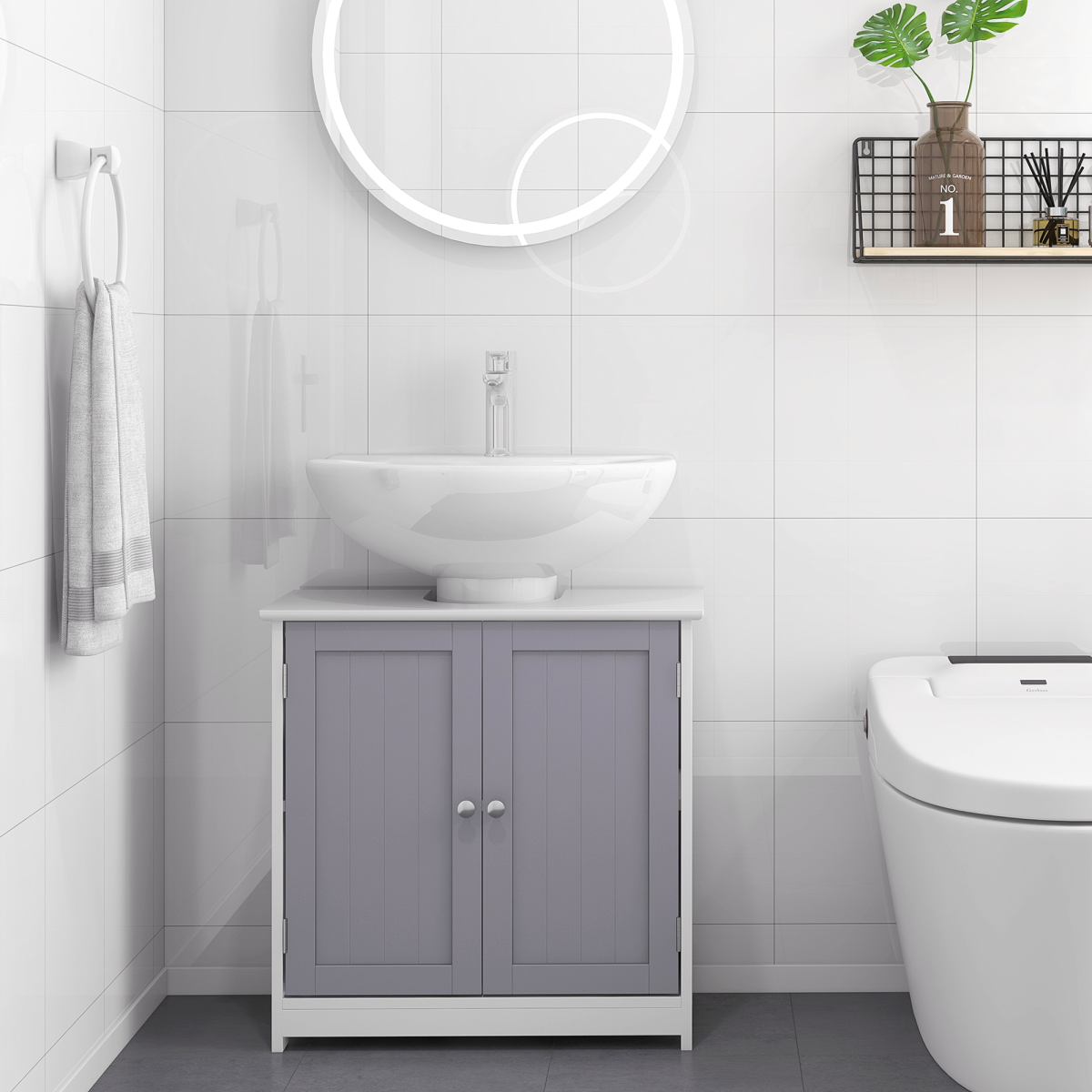 Kleankin 60 x 60cm Under-Sink Storage Cabinet with Double Doors & Adjustable Shelf – Grey and White